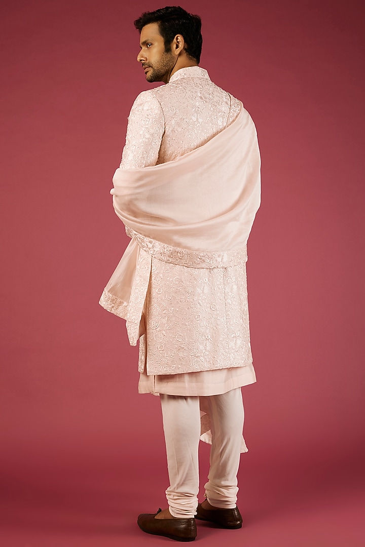 Blush Pink Chanderi Silk Embroidered Groom Sherwani Set by ARJAN DUGAL at Pernia's Pop Up Shop