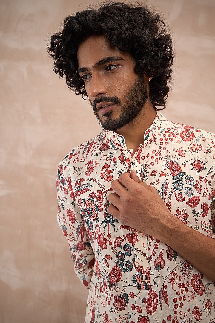 Off-White Linen Printed Kurta Set by ARJAN DUGAL at Pernia's Pop Up Shop