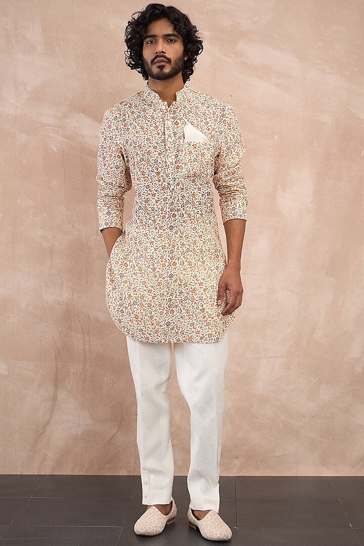 Off-White Linen Printed Kurta Set by ARJAN DUGAL at Pernia's Pop Up Shop