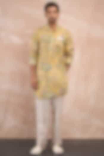 Mustard Linen Printed Kurta Set by ARJAN DUGAL