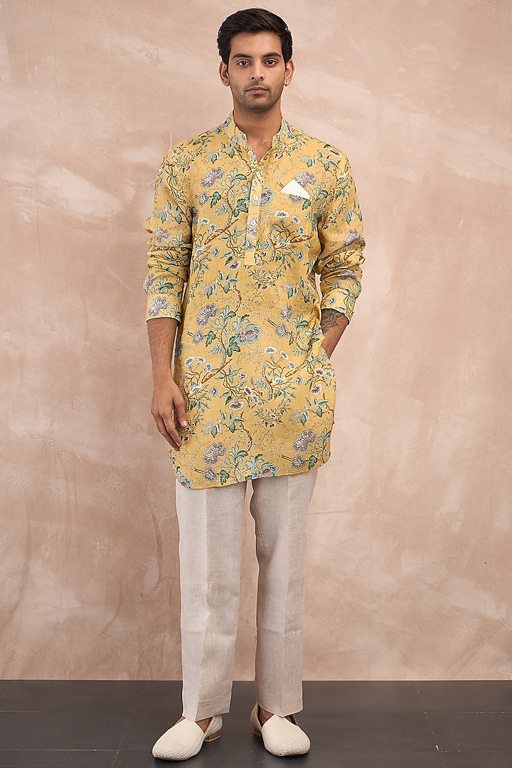 Mustard Linen Printed Kurta Set by ARJAN DUGAL