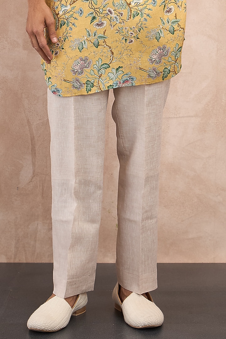 Mustard Linen Printed Kurta Set by ARJAN DUGAL at Pernia's Pop Up Shop