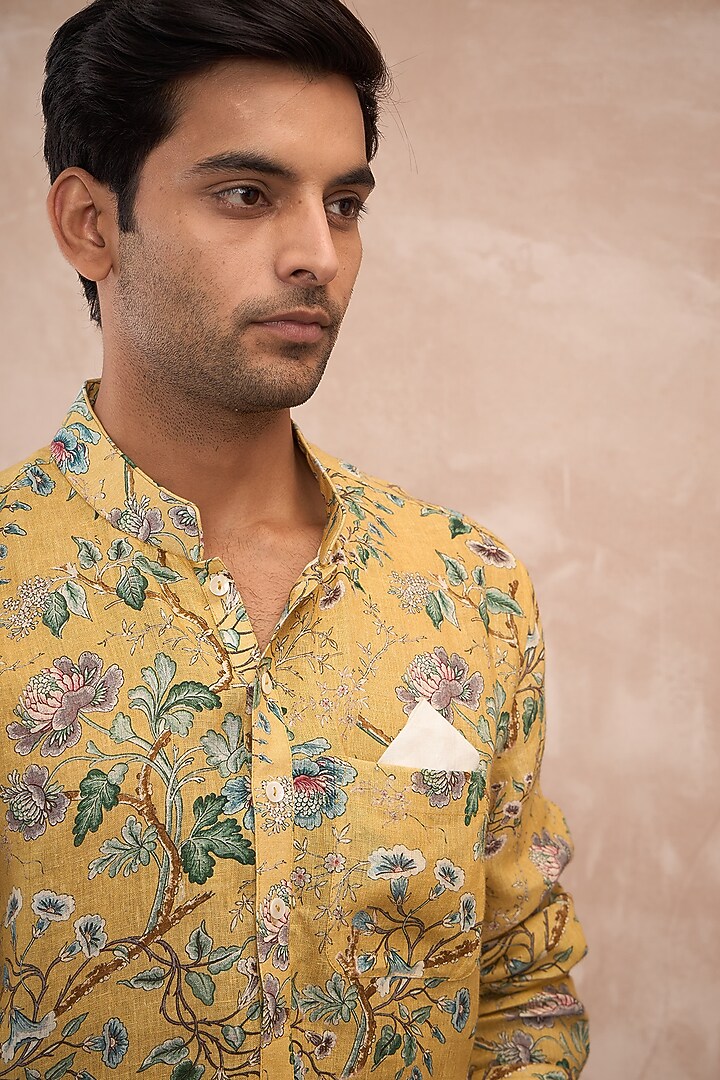 Mustard Linen Printed Kurta Set by ARJAN DUGAL at Pernia's Pop Up Shop