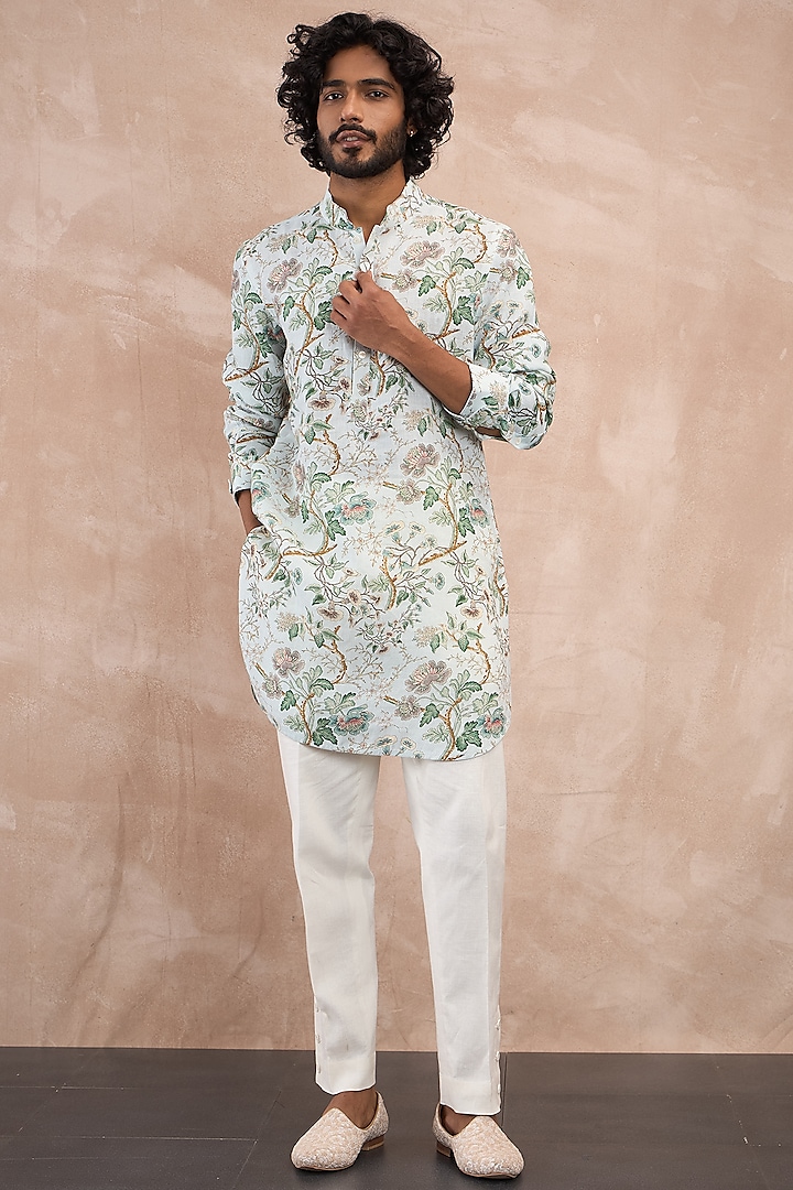 Powder Blue Linen Printed Kurta Set by ARJAN DUGAL at Pernia's Pop Up Shop