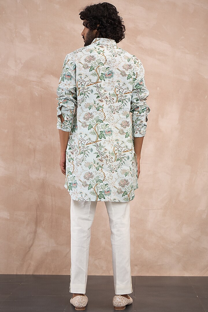Powder Blue Linen Printed Kurta Set by ARJAN DUGAL at Pernia's Pop Up Shop