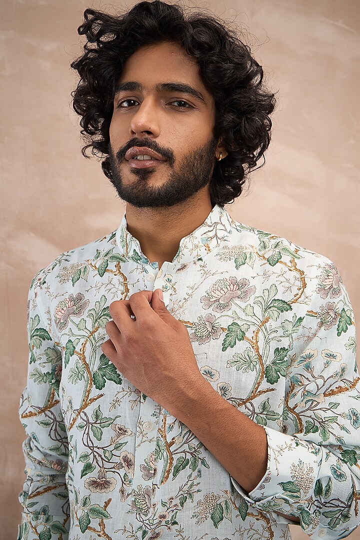 Powder Blue Linen Printed Kurta Set by ARJAN DUGAL at Pernia's Pop Up Shop
