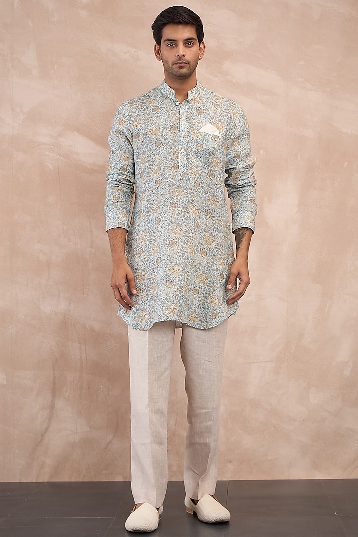 Powder Blue Linen Printed Kurta Set by ARJAN DUGAL at Pernia's Pop Up Shop