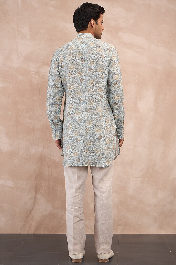 Powder Blue Linen Printed Kurta Set by ARJAN DUGAL at Pernia's Pop Up Shop