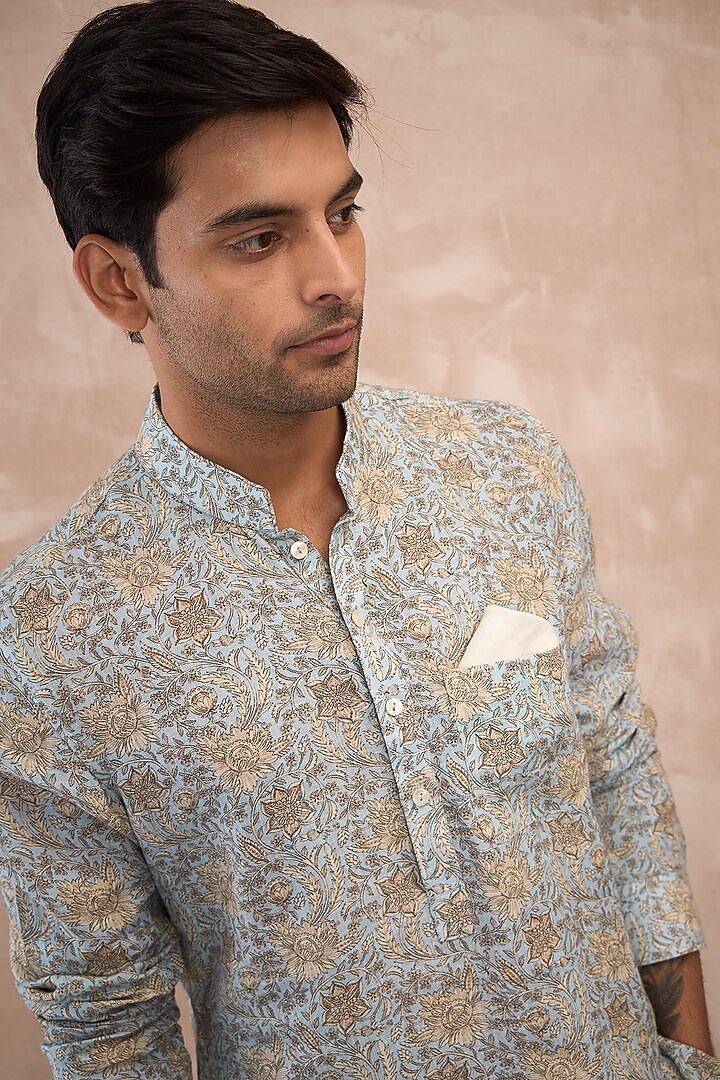 Powder Blue Linen Printed Kurta Set by ARJAN DUGAL at Pernia's Pop Up Shop