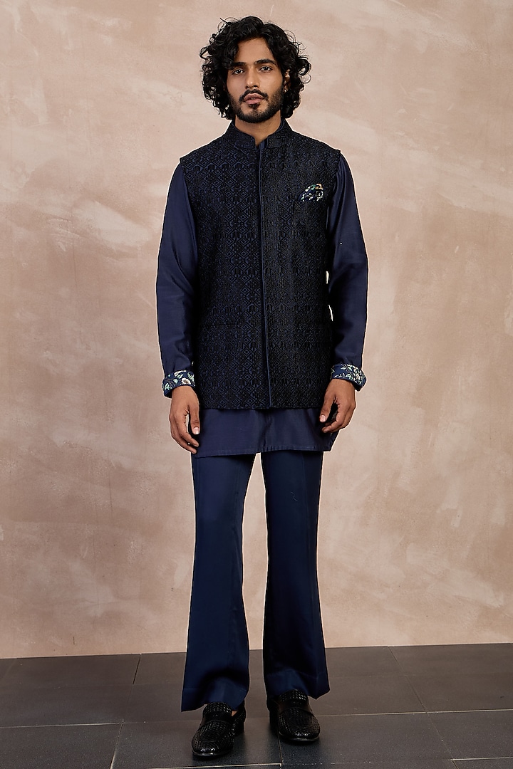 Black Chanderi Silk Nehru Jacket Set by ARJAN DUGAL at Pernia's Pop Up Shop