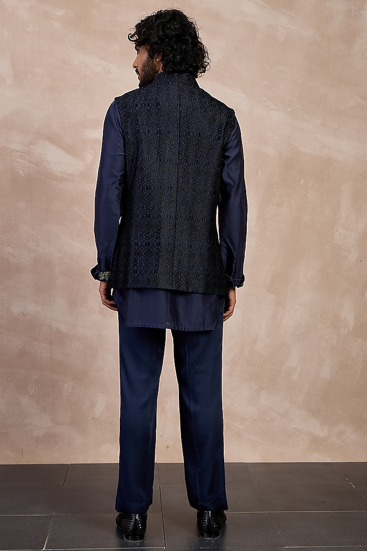 Black Chanderi Silk Nehru Jacket Set by ARJAN DUGAL at Pernia's Pop Up Shop