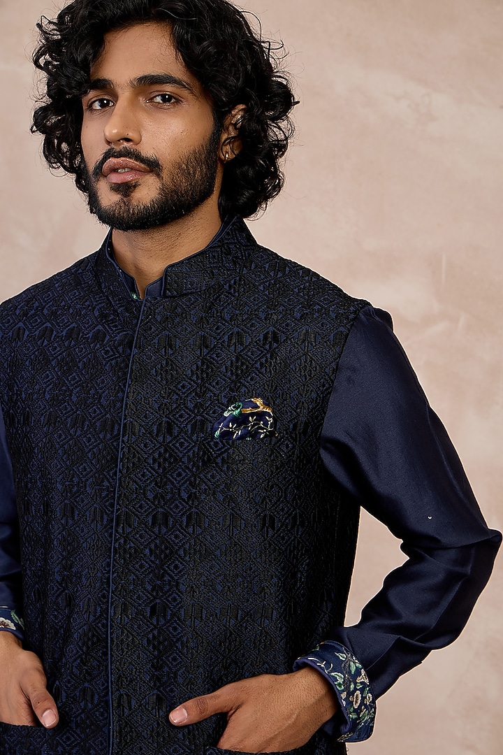 Black Chanderi Silk Nehru Jacket Set by ARJAN DUGAL at Pernia's Pop Up Shop