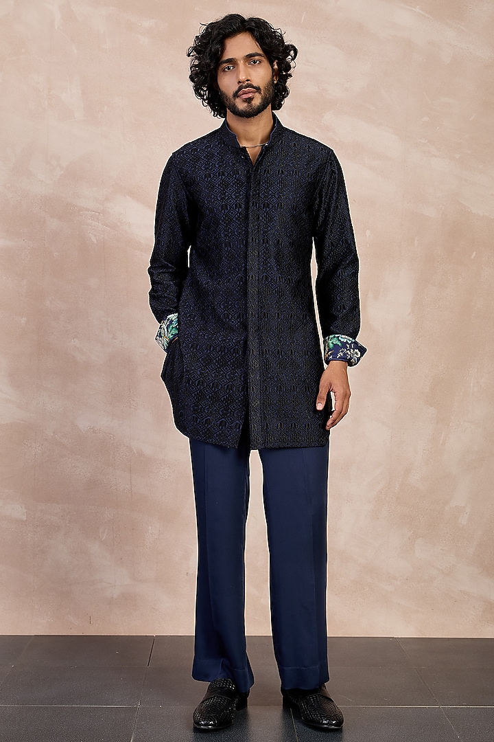 Navy & Black Chanderi Silk Printed Kurta Set by ARJAN DUGAL at Pernia's Pop Up Shop