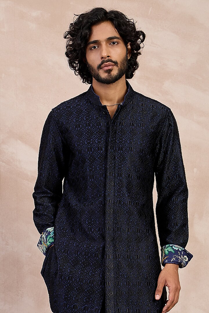 Navy & Black Chanderi Silk Printed Kurta Set by ARJAN DUGAL at Pernia's Pop Up Shop