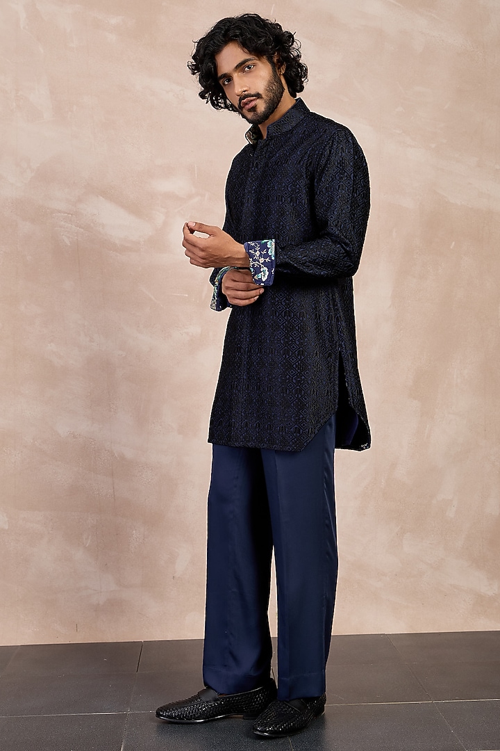 Navy & Black Chanderi Silk Printed Kurta Set by ARJAN DUGAL at Pernia's Pop Up Shop