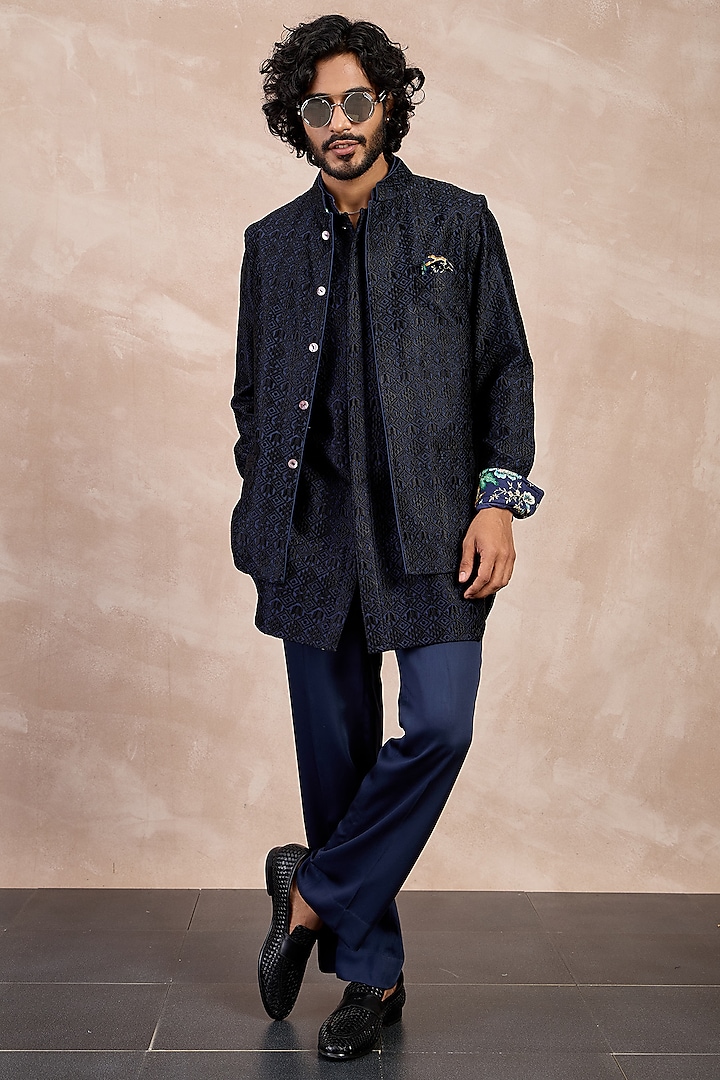 Navy & Black Chanderi Silk Printed Nehru Jacket Set by ARJAN DUGAL at Pernia's Pop Up Shop