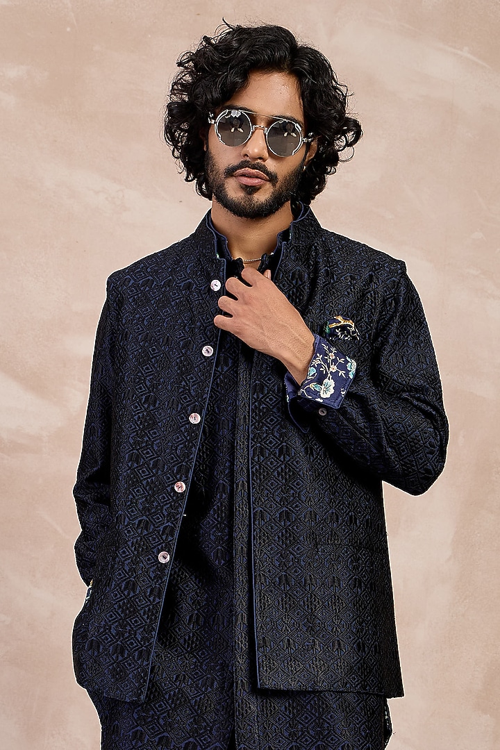 Navy & Black Chanderi Silk Printed Nehru Jacket Set by ARJAN DUGAL at Pernia's Pop Up Shop