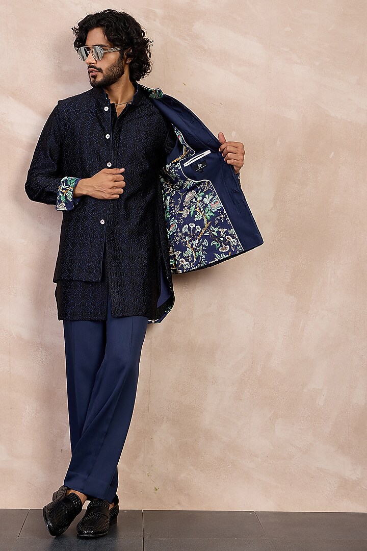 Navy & Black Chanderi Silk Printed Nehru Jacket Set by ARJAN DUGAL at Pernia's Pop Up Shop
