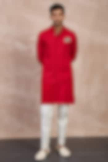 Red Viscose Pintuck Nehru Jacket by ARJAN DUGAL at Pernia's Pop Up Shop