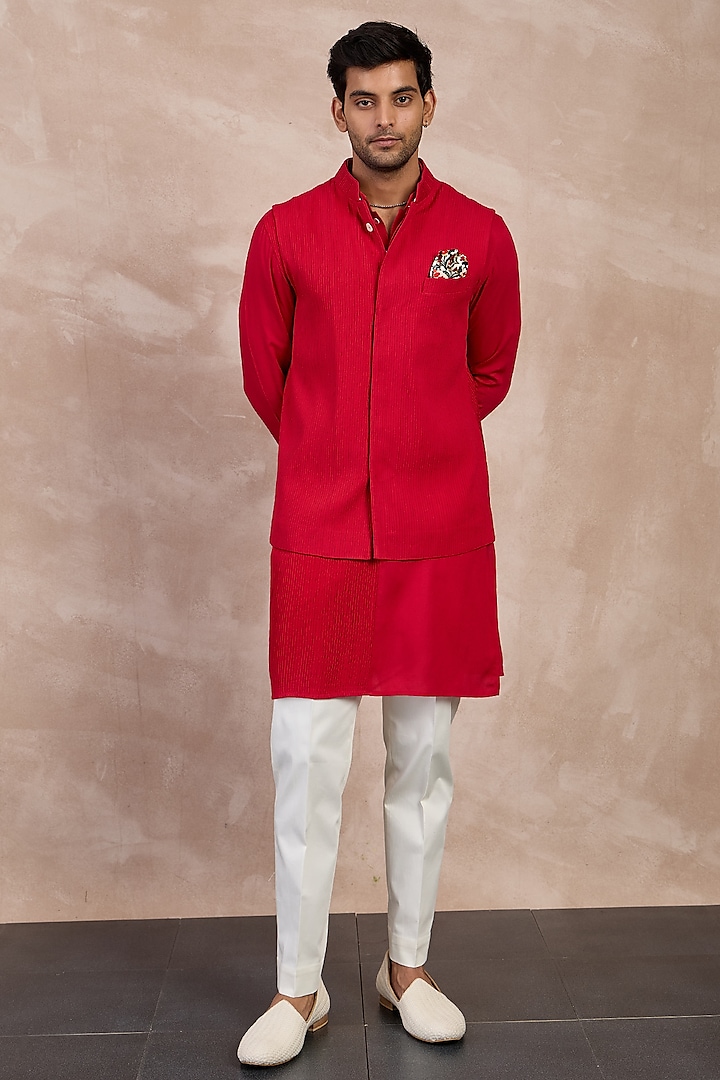 Red Viscose Pintuck Nehru Jacket by ARJAN DUGAL at Pernia's Pop Up Shop