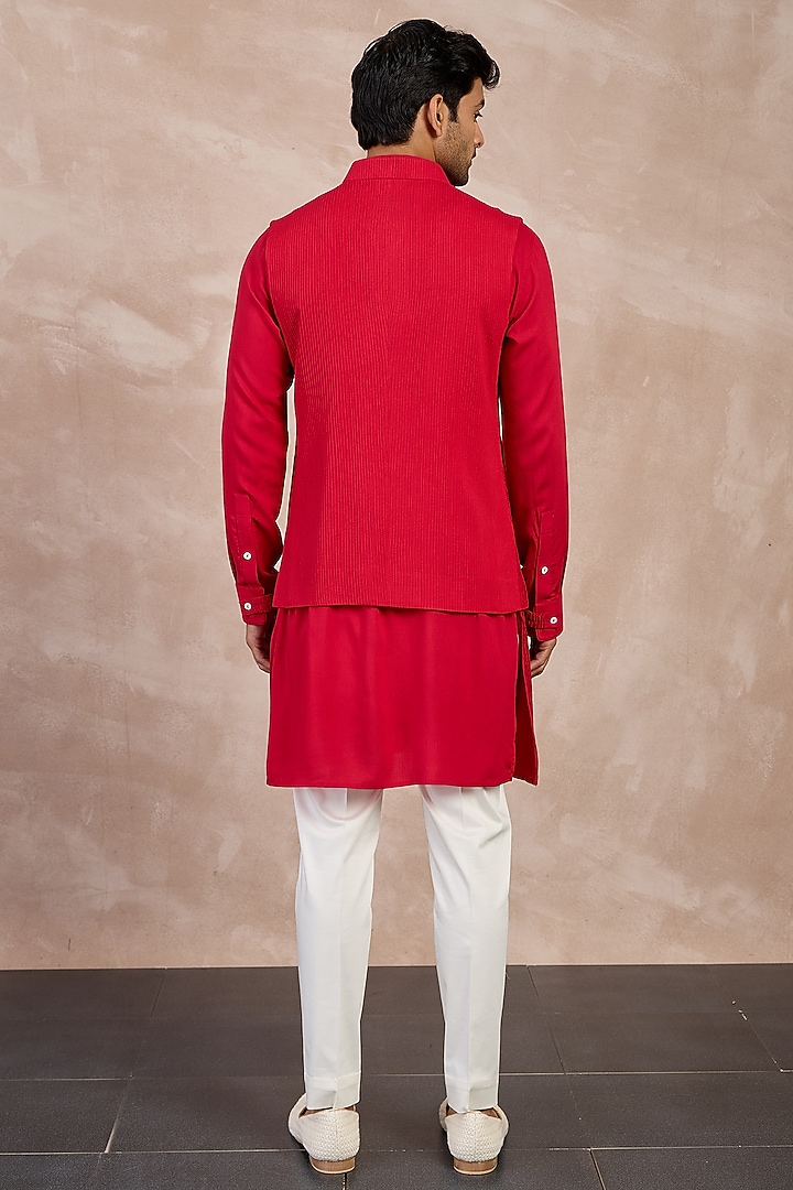 Red Viscose Pintuck Nehru Jacket by ARJAN DUGAL at Pernia's Pop Up Shop