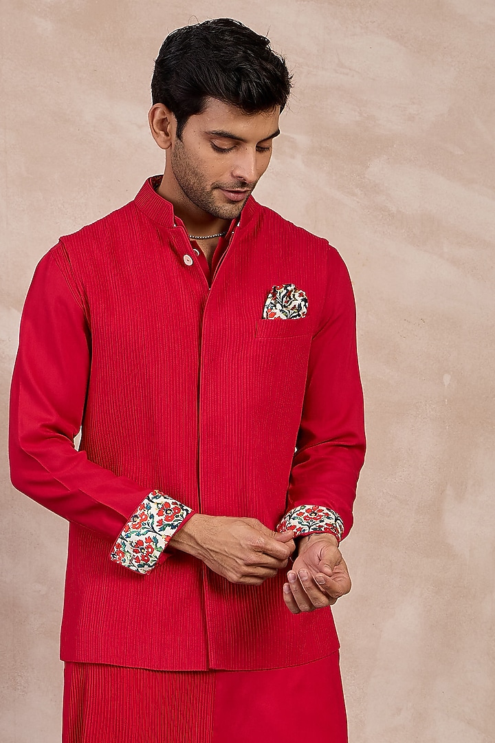Red Viscose Pintuck Nehru Jacket by ARJAN DUGAL at Pernia's Pop Up Shop