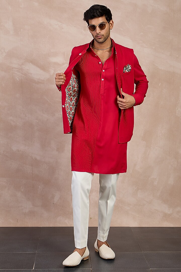 Red Viscose Pintuck Nehru Jacket by ARJAN DUGAL at Pernia's Pop Up Shop