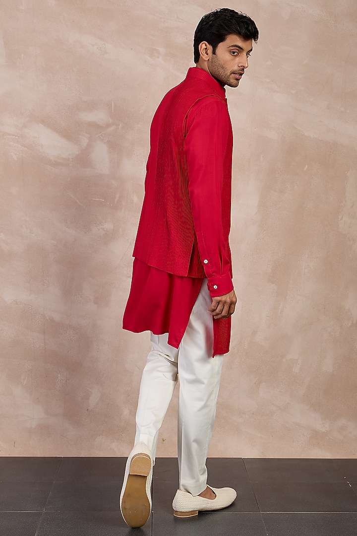 Red Viscose Pintuck Nehru Jacket by ARJAN DUGAL at Pernia's Pop Up Shop
