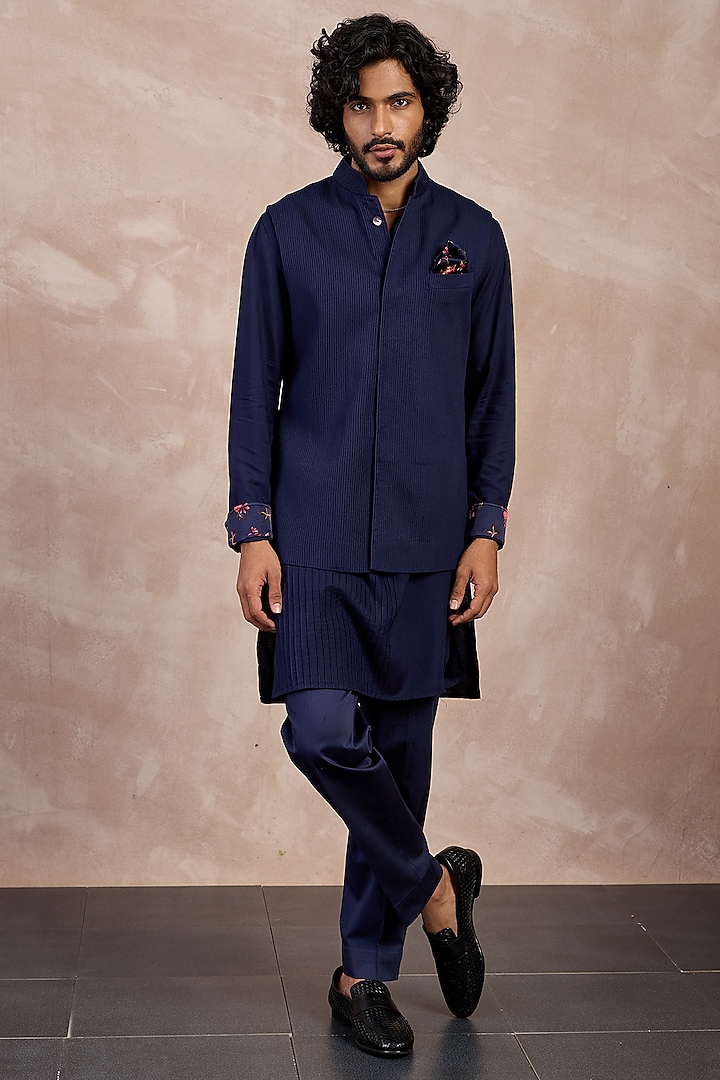 Navy Viscose Pintuck Nehru Jacket by ARJAN DUGAL at Pernia's Pop Up Shop