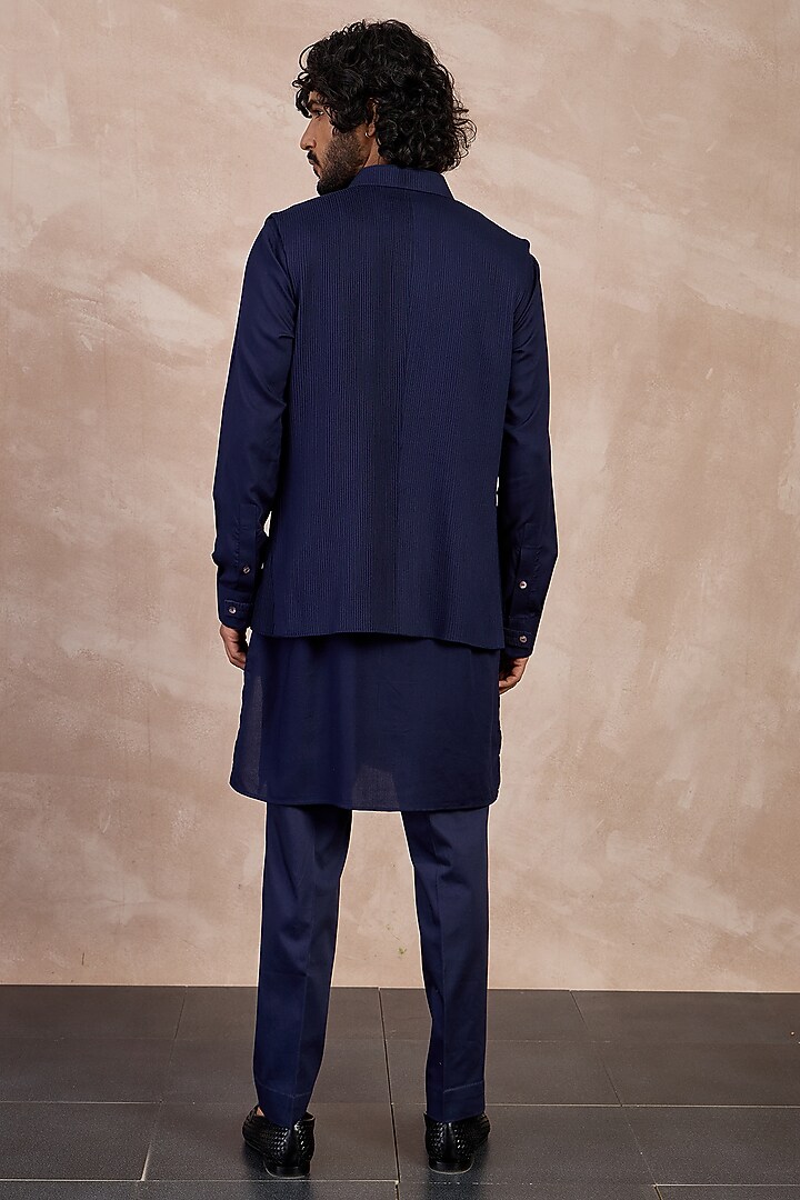 Navy Viscose Pintuck Nehru Jacket by ARJAN DUGAL at Pernia's Pop Up Shop