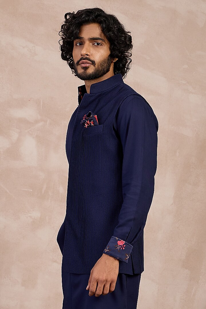 Navy Viscose Pintuck Nehru Jacket by ARJAN DUGAL at Pernia's Pop Up Shop