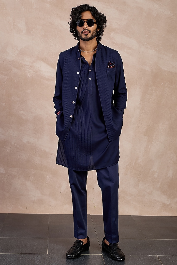 Navy Cotton Satin Printed Nehru Jacket Set by ARJAN DUGAL at Pernia's Pop Up Shop