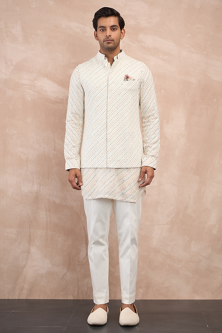 Ivory Georgette & Cotton Nehru Jacket Set by ARJAN DUGAL at Pernia's Pop Up Shop