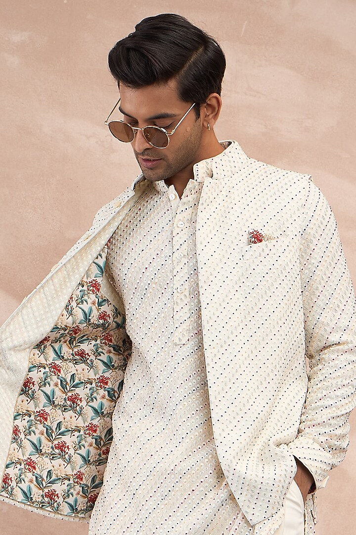 Ivory Georgette & Cotton Nehru Jacket Set by ARJAN DUGAL at Pernia's Pop Up Shop