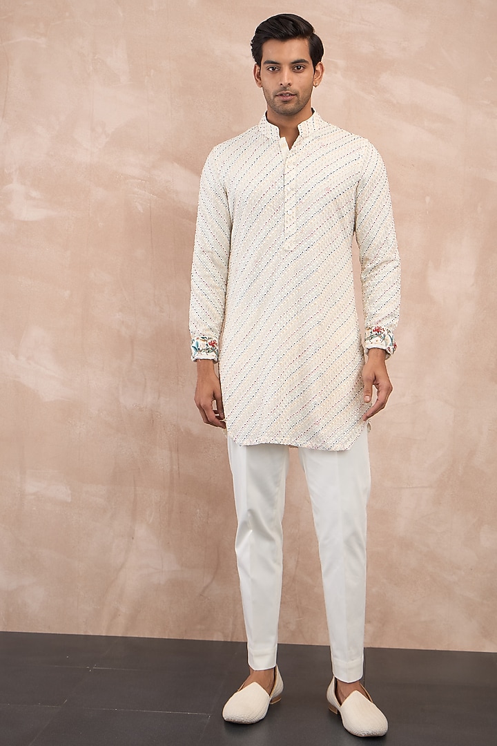 Ivory Georgette & Cotton Nehru Jacket Set by ARJAN DUGAL at Pernia's Pop Up Shop