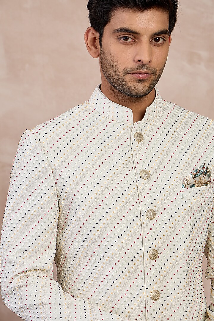 Ivory Georgette Hand Embroidered Achkan Set by ARJAN DUGAL at Pernia's Pop Up Shop