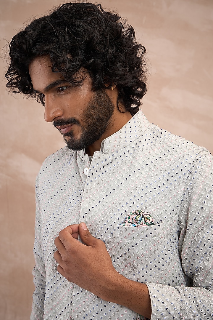 Ice Grey Georgette Hand Embroidered Nehru Jacket Set by ARJAN DUGAL at Pernia's Pop Up Shop