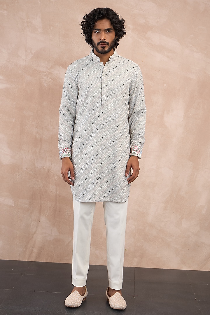 Ice Grey Georgette Hand Embroidered Nehru Jacket Set by ARJAN DUGAL at Pernia's Pop Up Shop