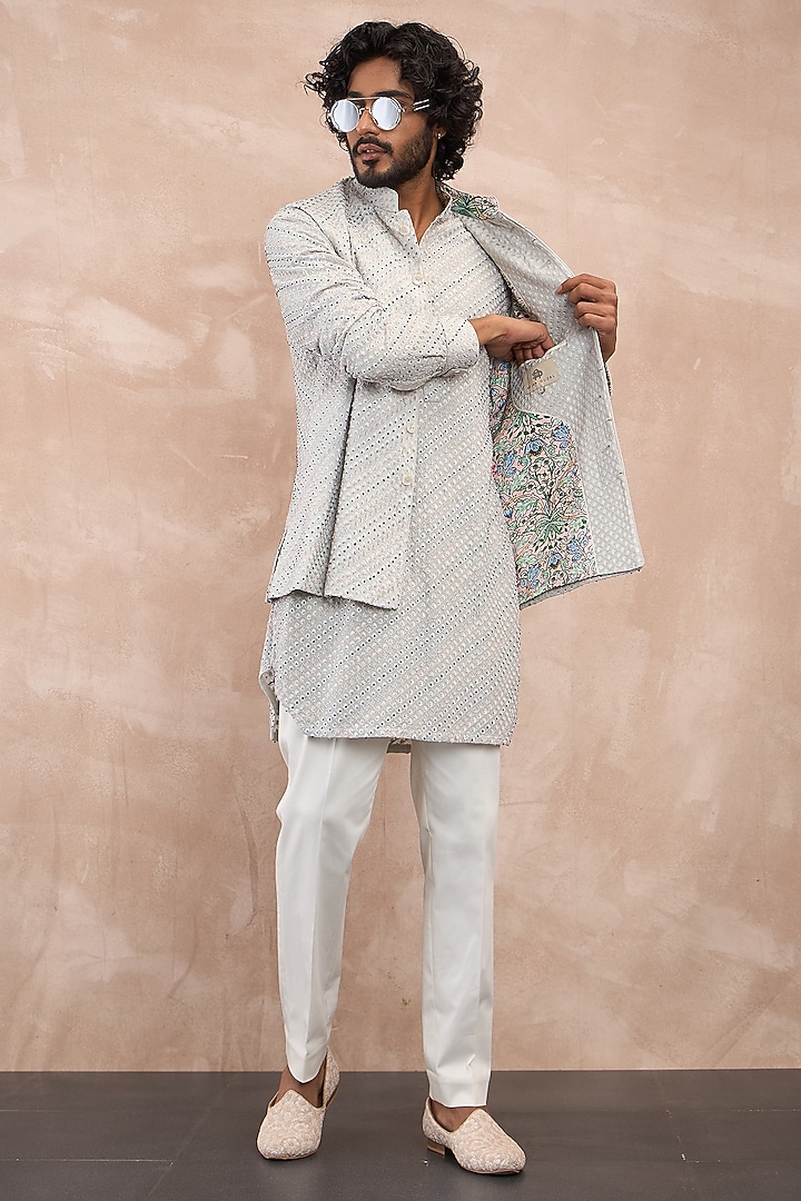Ice Grey Georgette Hand Embroidered Nehru Jacket Set by ARJAN DUGAL at Pernia's Pop Up Shop