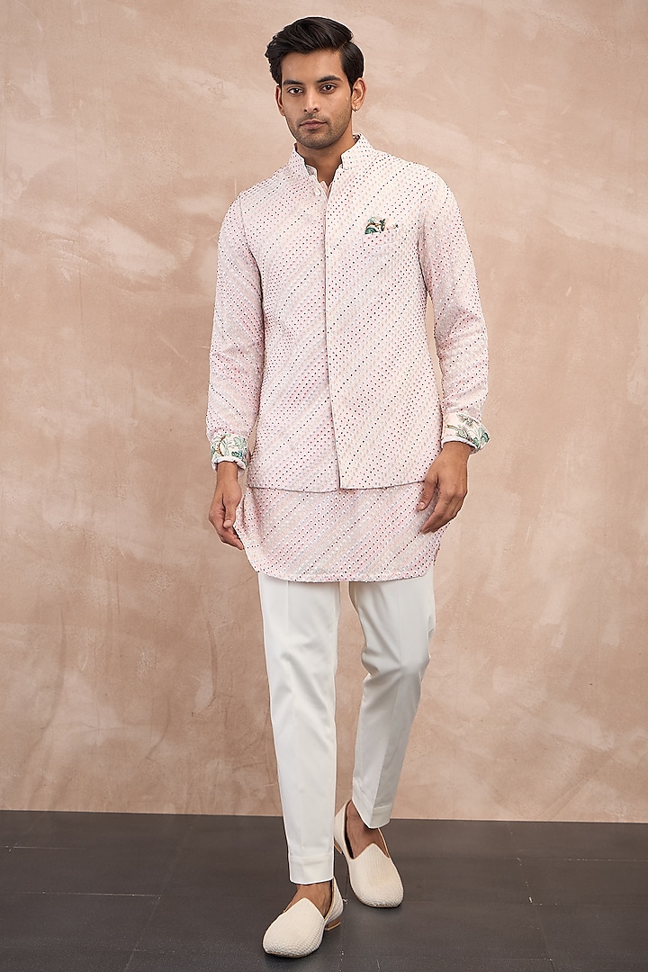 Powder Pink Georgette Hand Embroidered Nehru Jacket Set by ARJAN DUGAL at Pernia's Pop Up Shop