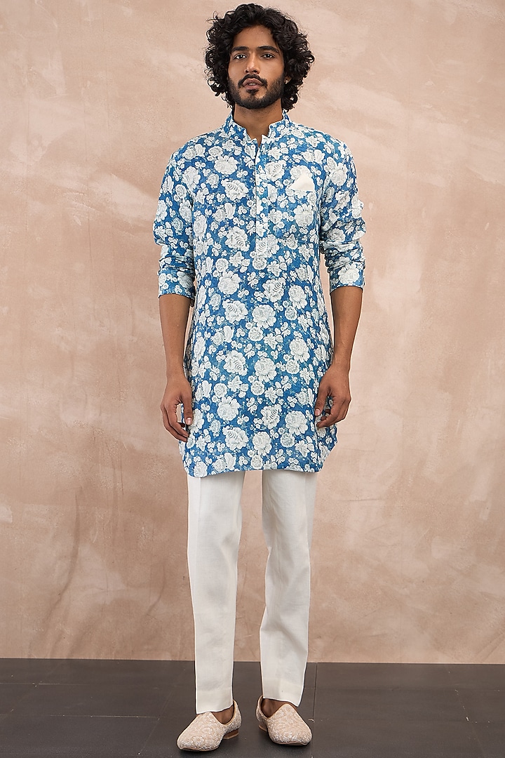 Cobalt Blue Linen Printed Kurta Set by ARJAN DUGAL at Pernia's Pop Up Shop