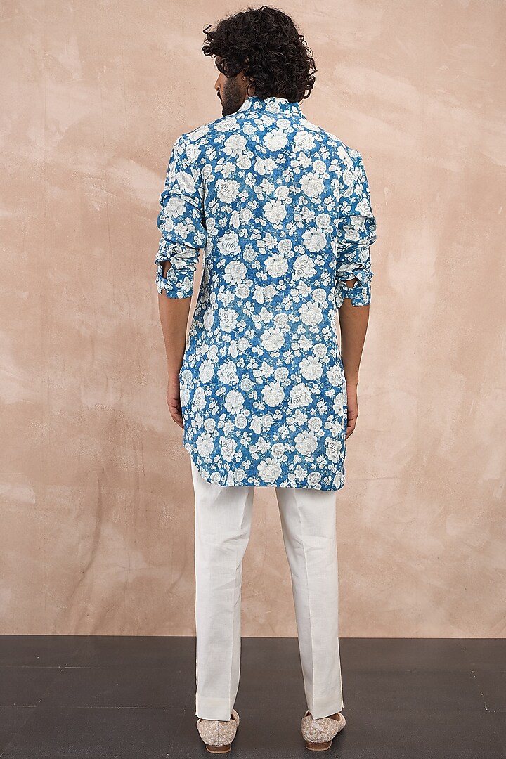Cobalt Blue Linen Printed Kurta Set by ARJAN DUGAL at Pernia's Pop Up Shop