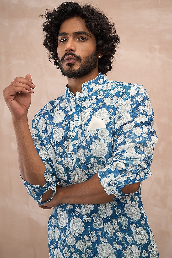 Cobalt Blue Linen Printed Kurta Set by ARJAN DUGAL at Pernia's Pop Up Shop