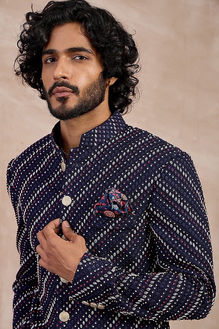 Navy Georgette Hand Embroidered Achkan Set by ARJAN DUGAL at Pernia's Pop Up Shop