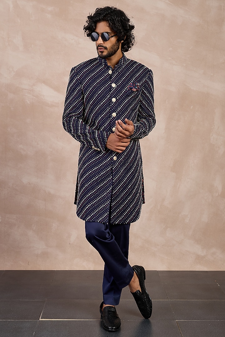 Navy Georgette Hand Embroidered Achkan Set by ARJAN DUGAL at Pernia's Pop Up Shop
