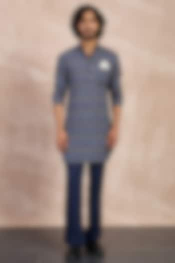 Navy Linen Ajrakh Printed Kurta Set by ARJAN DUGAL at Pernia's Pop Up Shop