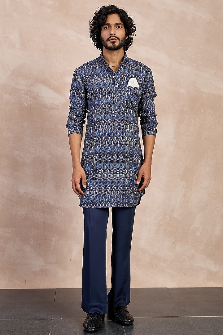 Navy Linen Ajrakh Printed Kurta Set by ARJAN DUGAL at Pernia's Pop Up Shop