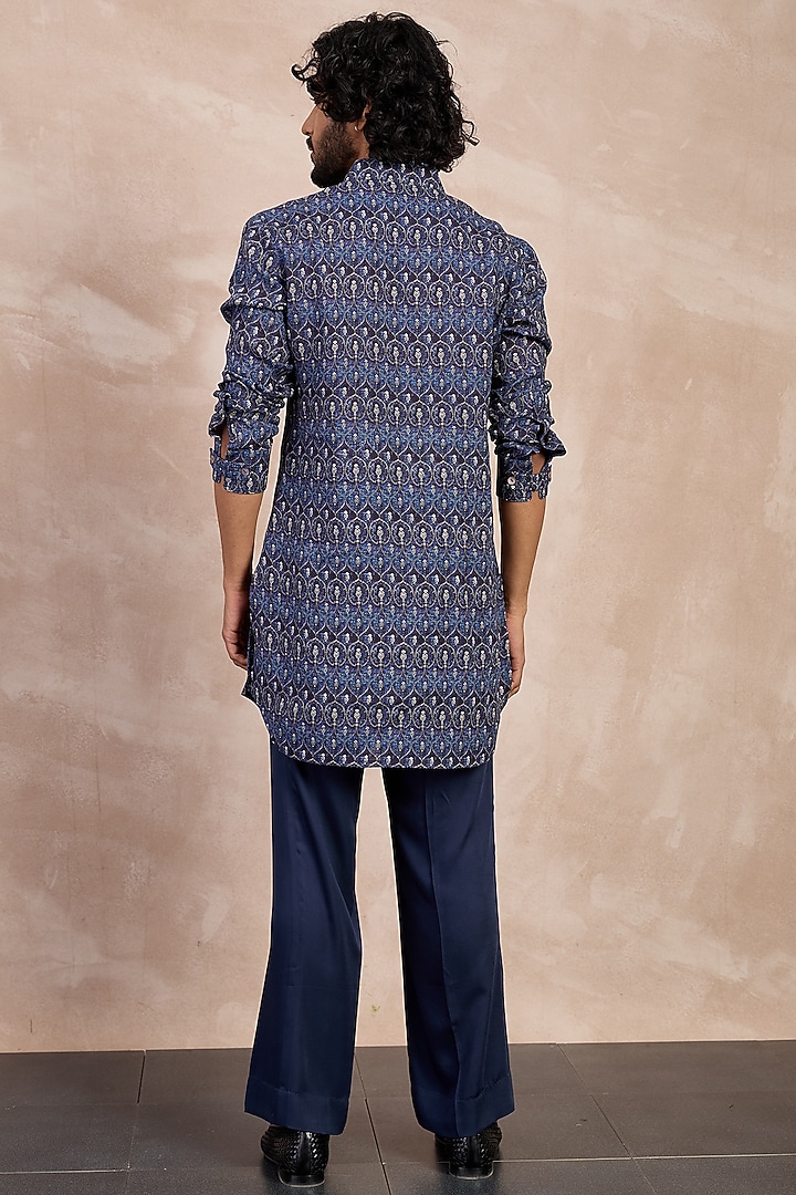 Navy Linen Ajrakh Printed Kurta Set by ARJAN DUGAL at Pernia's Pop Up Shop