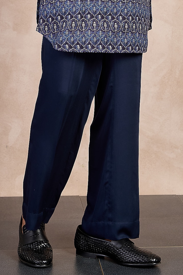 Navy Linen Ajrakh Printed Kurta Set by ARJAN DUGAL at Pernia's Pop Up Shop