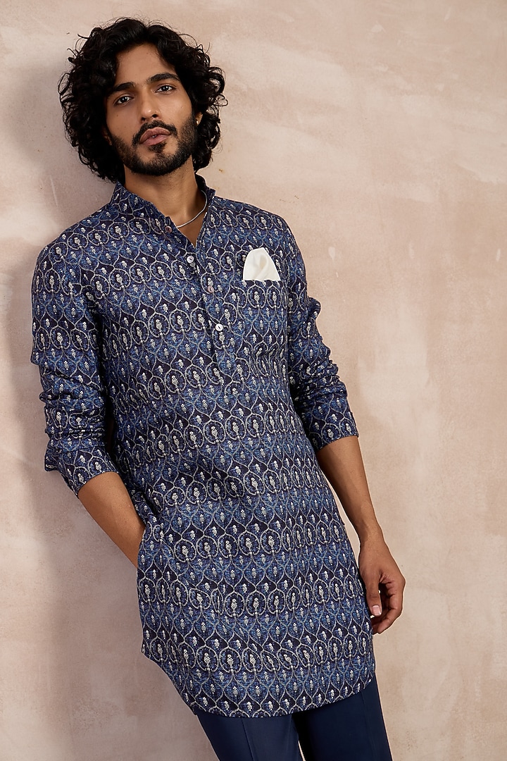 Navy Linen Ajrakh Printed Kurta Set by ARJAN DUGAL at Pernia's Pop Up Shop